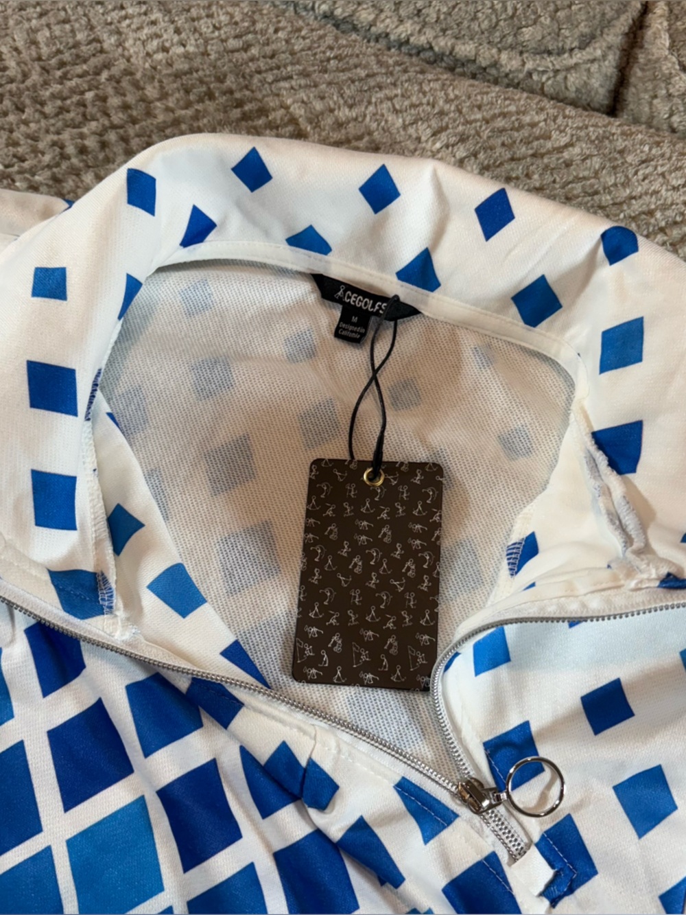 Acegolfs Women’s M 1/4 Zip Golf JacketBlue & White Geometric Diamond Print NWT - Picture 5 of 9